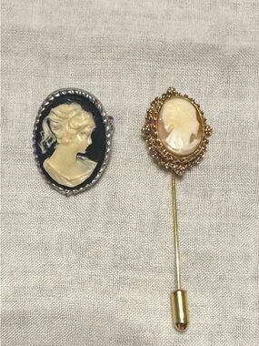 Vintage Cameo Jewelry - Stick Pin and  White on Black Brooch